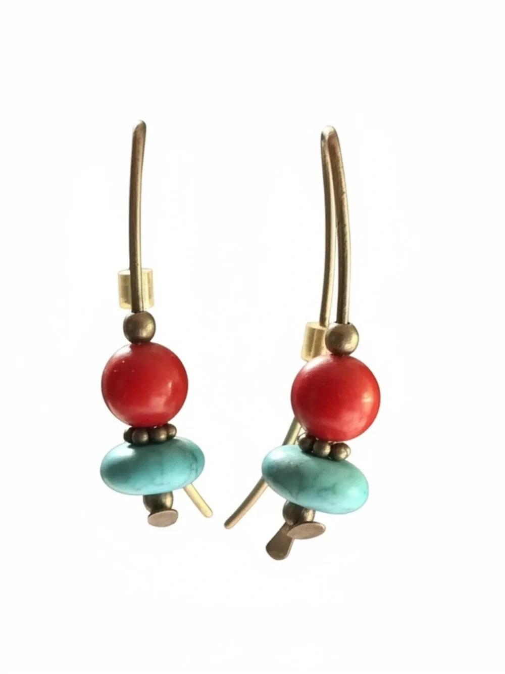 Vintage Artisan Red and Turquoise Bead Drop Earrings